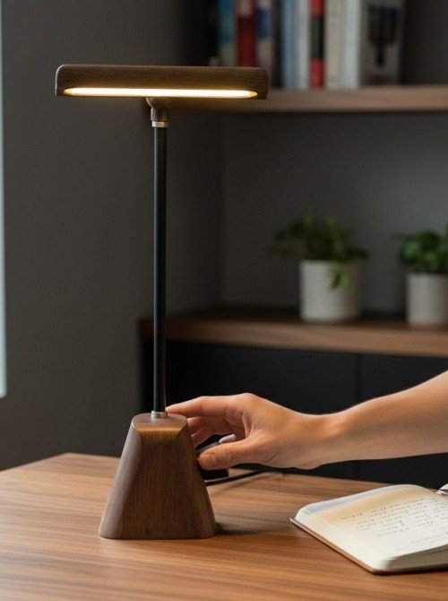 Ceviz Renk El Yapımı Ahşap Masa Lambası – Dimmerli USB Çalışma Lambası